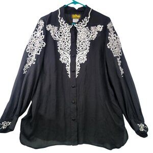 Bob Mackie Wearable Art Black Silk Blouse White Embroidery Cut Out Womens  XL